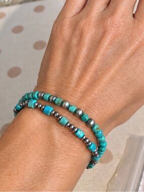 Turquoise and Silver Beaded Bracelet size 6